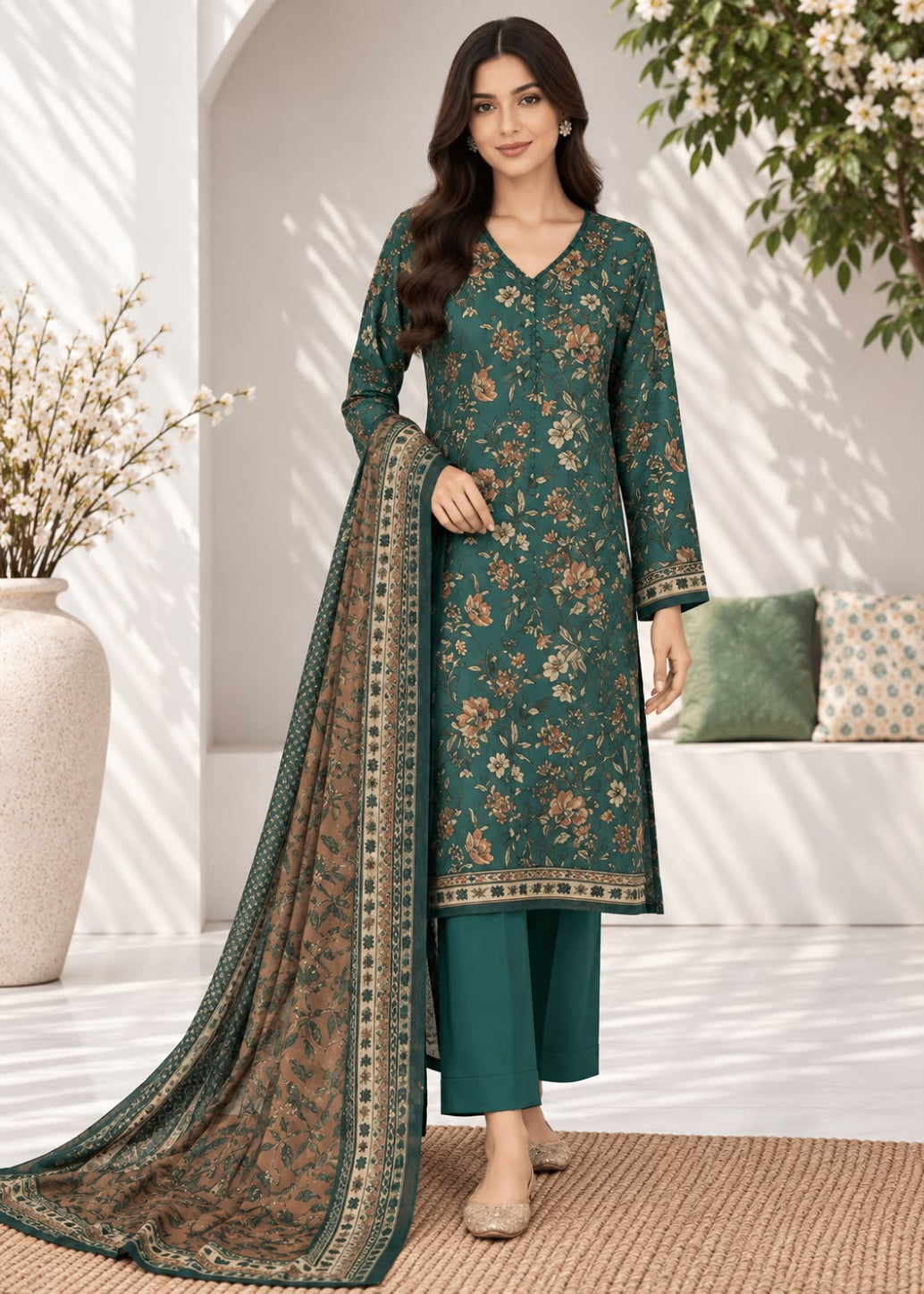 A woman models a traditional Indian salwar kameez set in a bright, modern indoor setting. The outfit consists of a deep teal green kurta with a beige and gold floral pattern, matching teal green trousers, and a coordinating patterned dupatta.