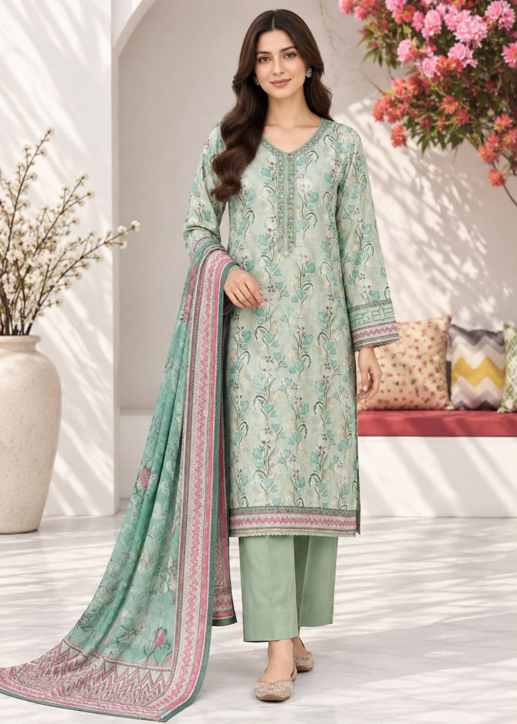 A woman models a traditional three-piece salwar kameez suit in mint green with intricate floral prints, paired with matching green trousers and a printed dupatta, set against a bright, modern indoor backdrop.