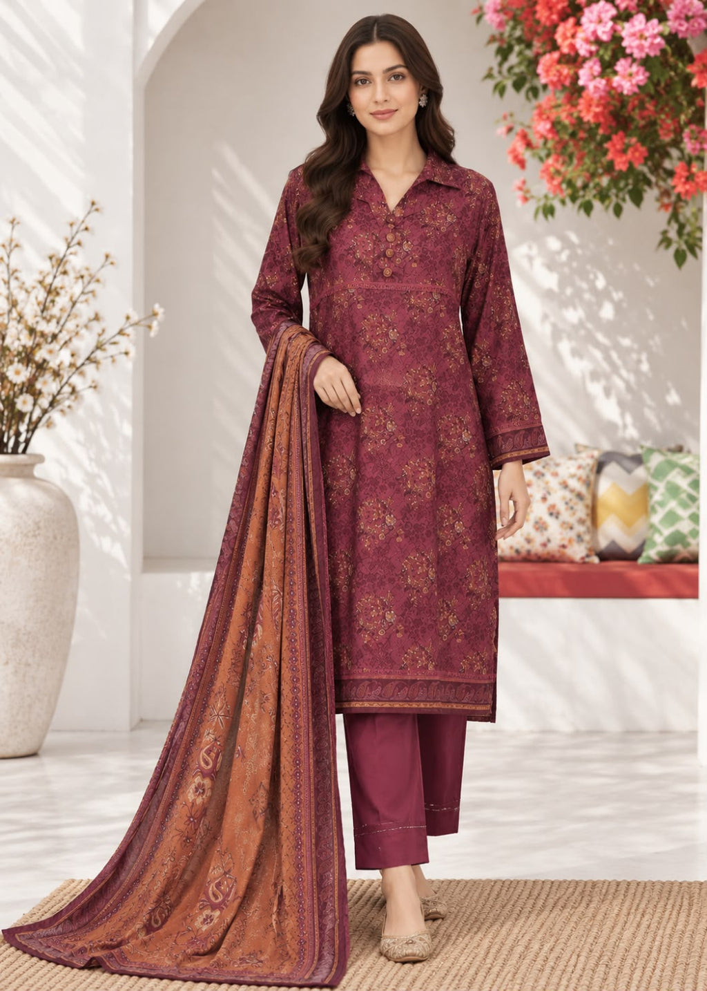 A woman models a traditional Indian salwar kameez suit set in a bright, modern indoor setting. The set features a deep maroon long kurta with gold floral embroidery, matching maroon trousers, and a coordinating dupatta in a rust-orange color with gold patterns.