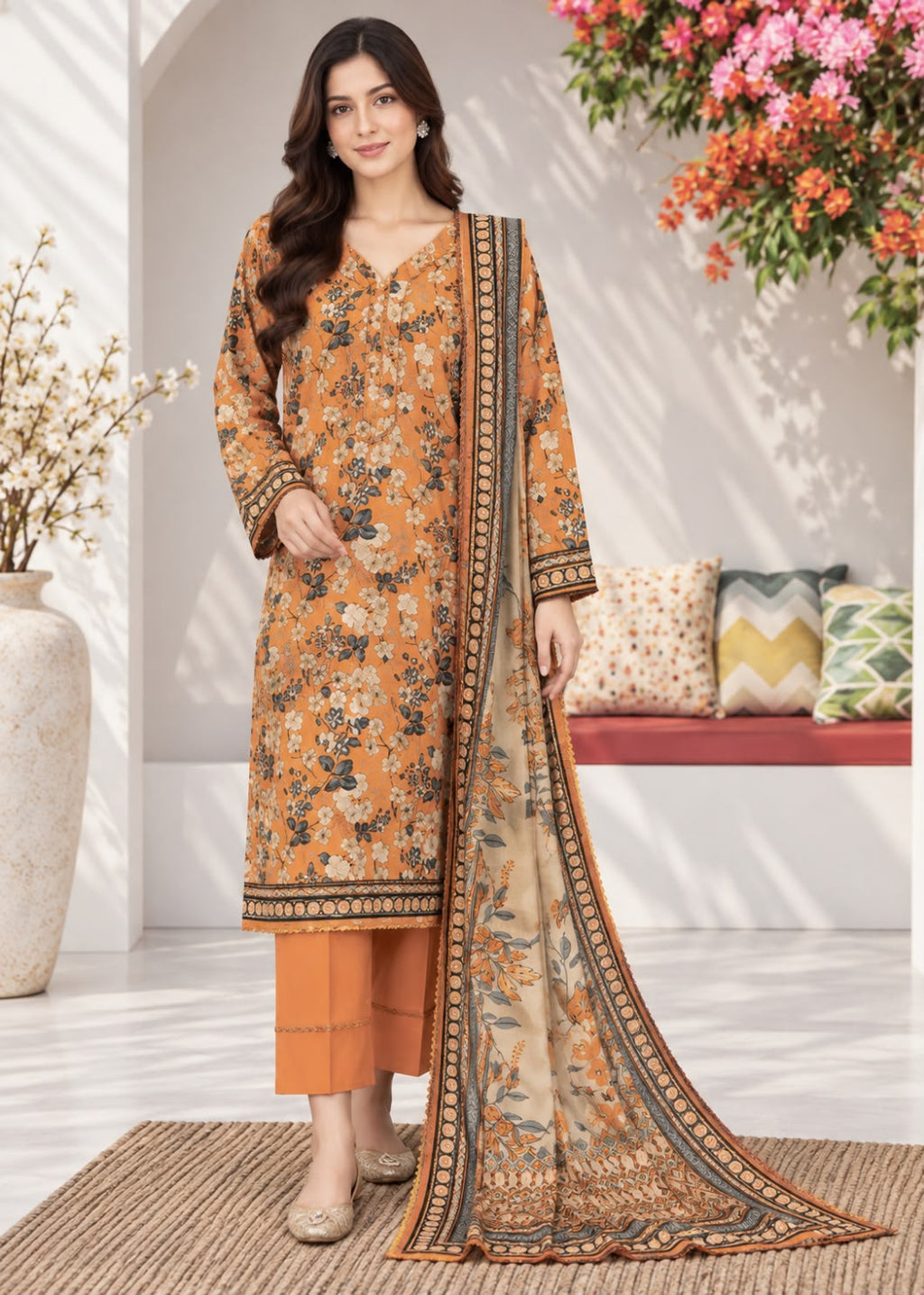 A woman models a traditional Indian salwar kameez suit set. The set features a mustard yellow-orange printed kurta with floral motifs, matching orange trousers, and a beige dupatta with a detailed black and gold border.