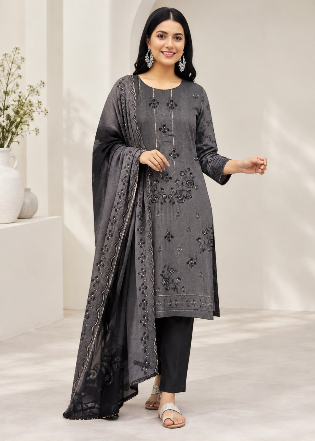 A woman modeling a dark gray three-piece salwar kameez suit with floral embroidery, featuring a long kurta, straight pants, and a matching dupatta, set against a bright, modern indoor background.