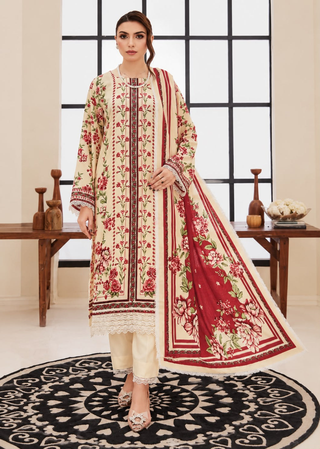 A woman models a traditional South Asian three-piece salwar kameez suit set. The set features a cream-colored long kurta with red and green floral embroidery, matching cream trousers, and a coordinating red dupatta with cream borders and floral prints.