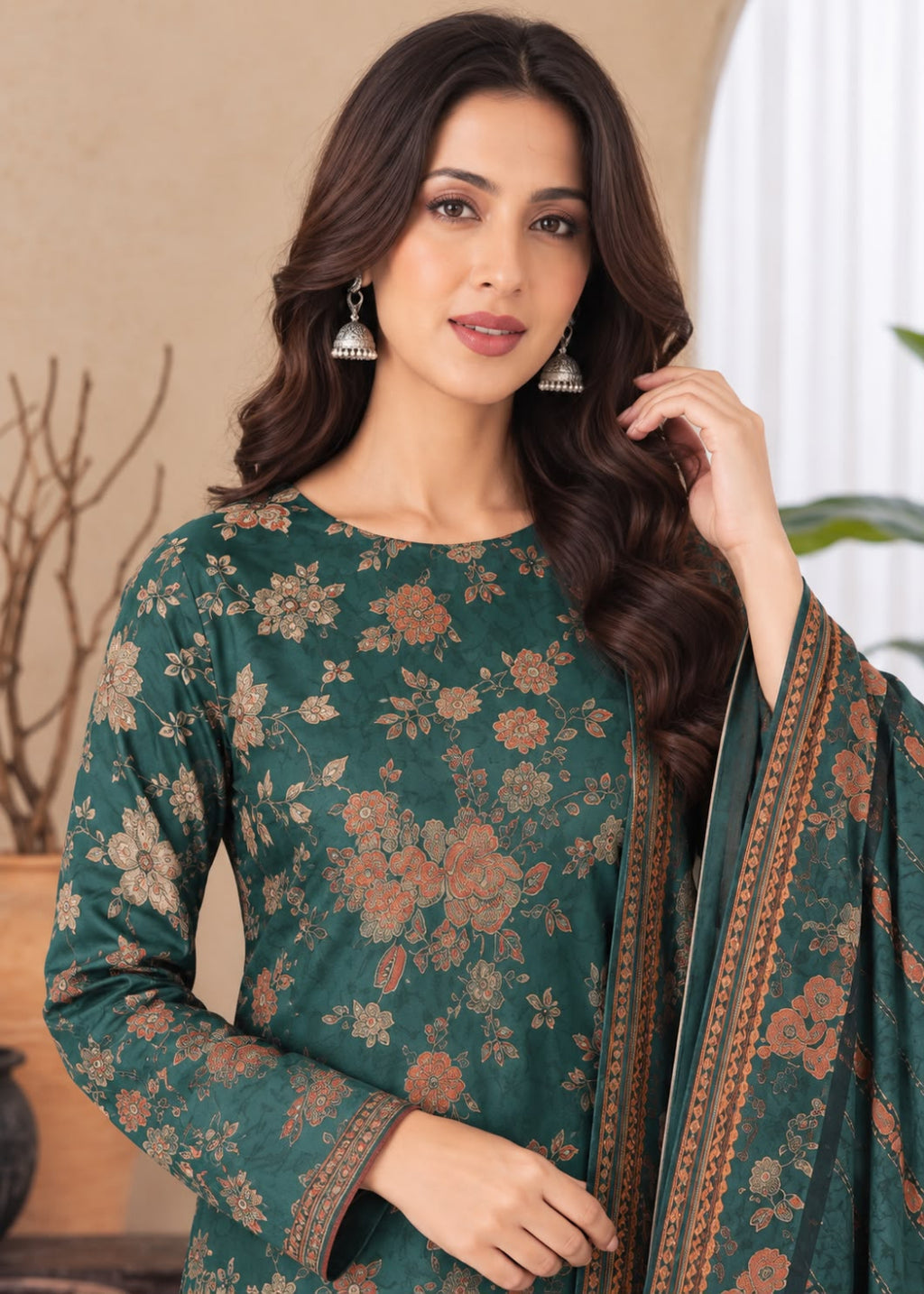A woman wearing a dark green floral printed kurta with matching patterned dupatta and silver jhumka earrings, posed against a warm beige background.