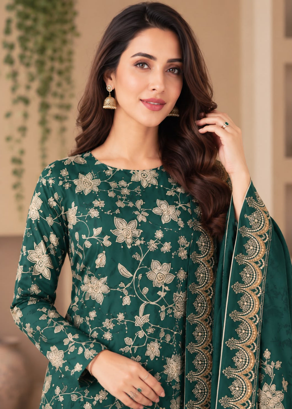 A woman modeling a dark green traditional outfit with beige floral embroidery and a matching embroidered dupatta, set against a softly blurred indoor background.