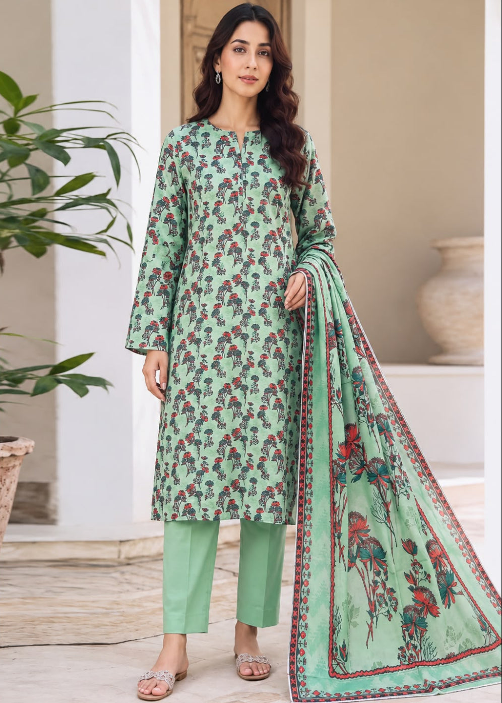 A woman models a mint green three-piece salwar kameez suit set with a red and black floral print, matching green trousers, and a coordinating printed dupatta in a styled indoor setting.