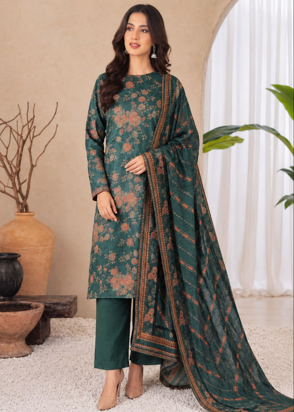 A woman models a three-piece Indian ethnic salwar kameez suit set. The set features a deep teal green kurta with a brown floral pattern, matching green trousers, and a coordinating dupatta with a brown border and tie-dye pattern, set against a warm beige background with decorative plants and vases.