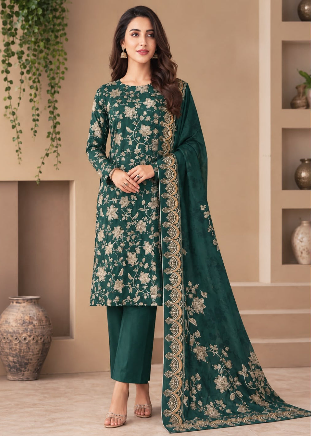 A woman models a dark green salwar kameez suit with beige floral embroidery and a matching dupatta, set against a warm beige background with decorative shelves and vases.