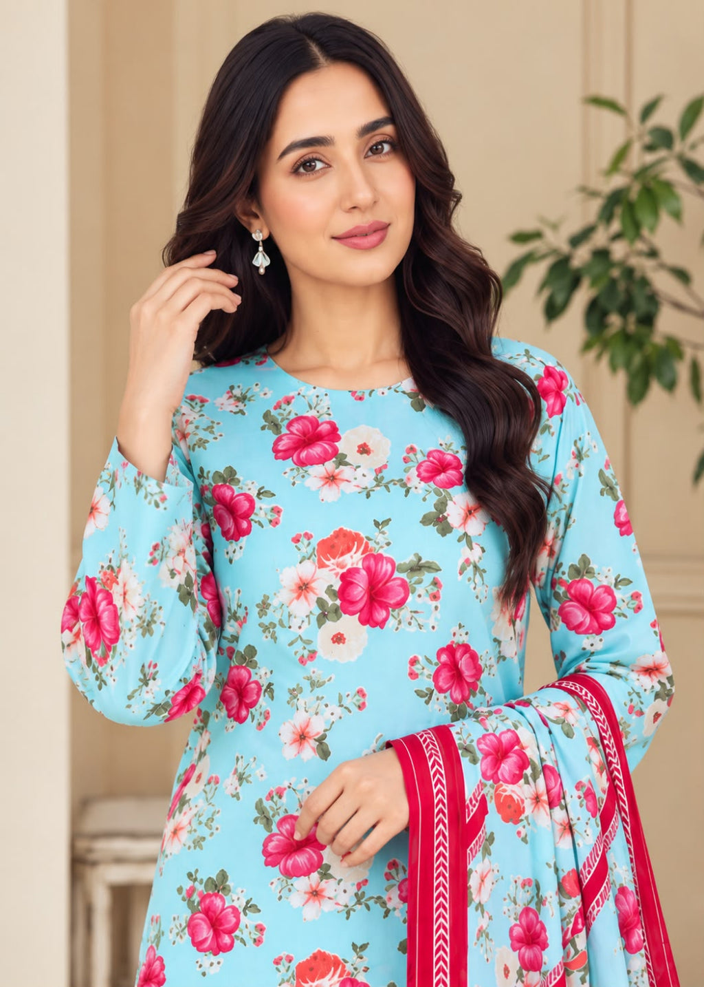 A woman modeling a light blue floral salwar kameez suit with a red and white patterned dupatta, set against a soft beige indoor background with a green plant.