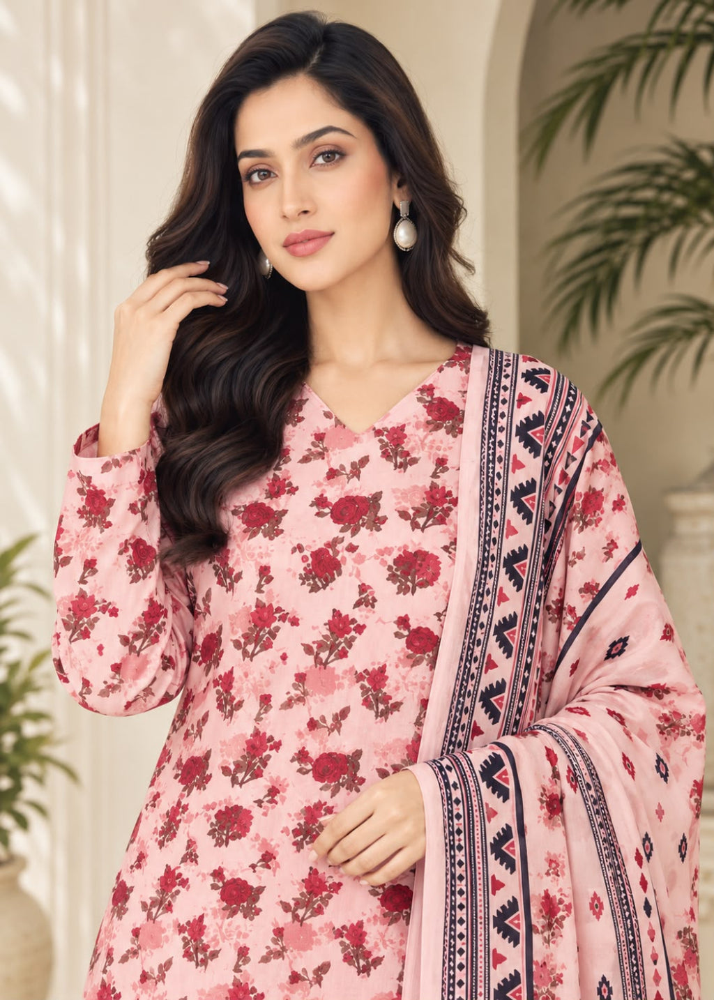 A woman modeling a pink floral printed salwar kameez suit with a matching patterned dupatta, set against a softly lit indoor background with plants.