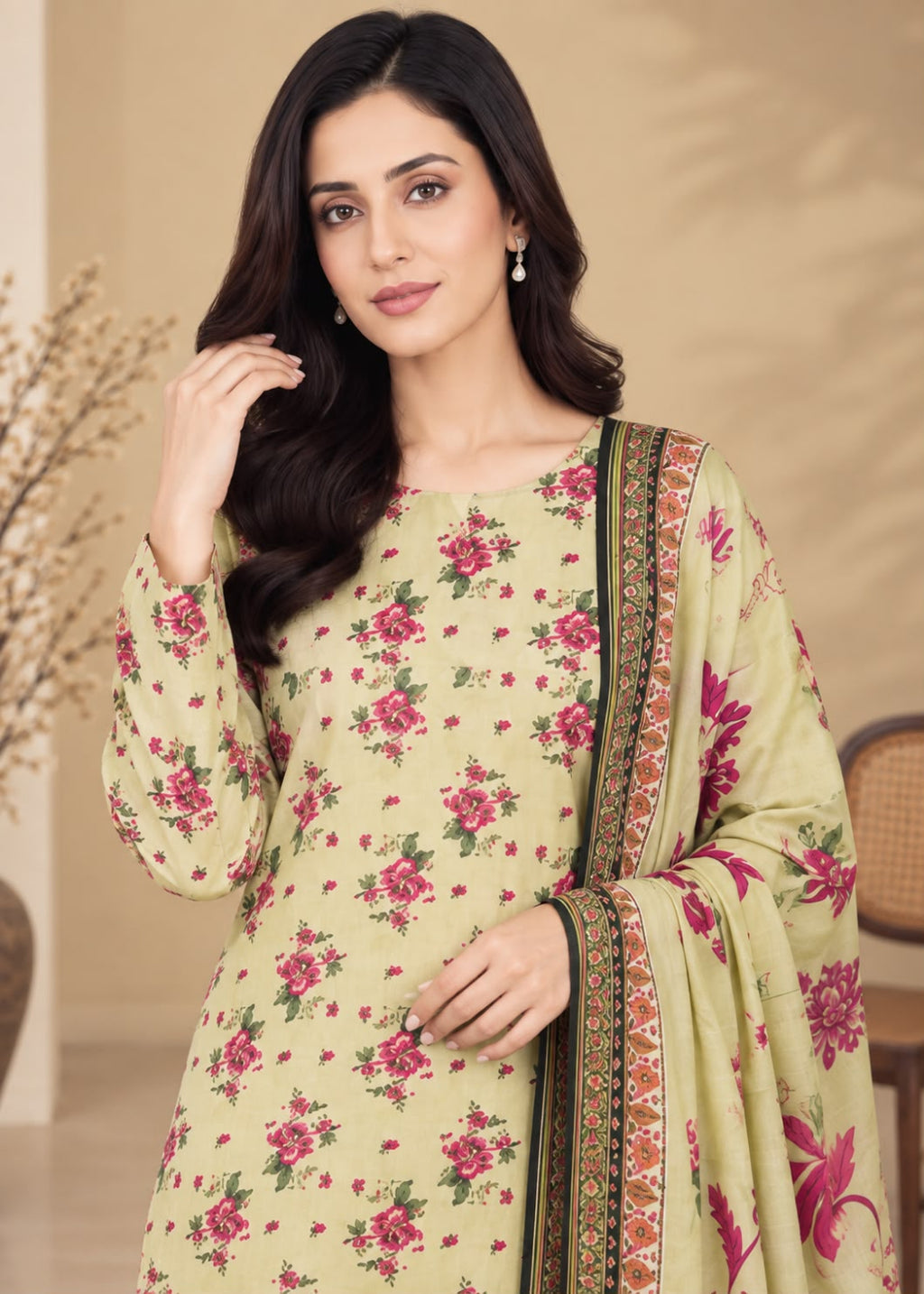 A woman modeling a light beige floral salwar kameez suit with a matching dupatta. The suit features a pink and green floral pattern, and the dupatta has a decorative border in brown, gold, and green.