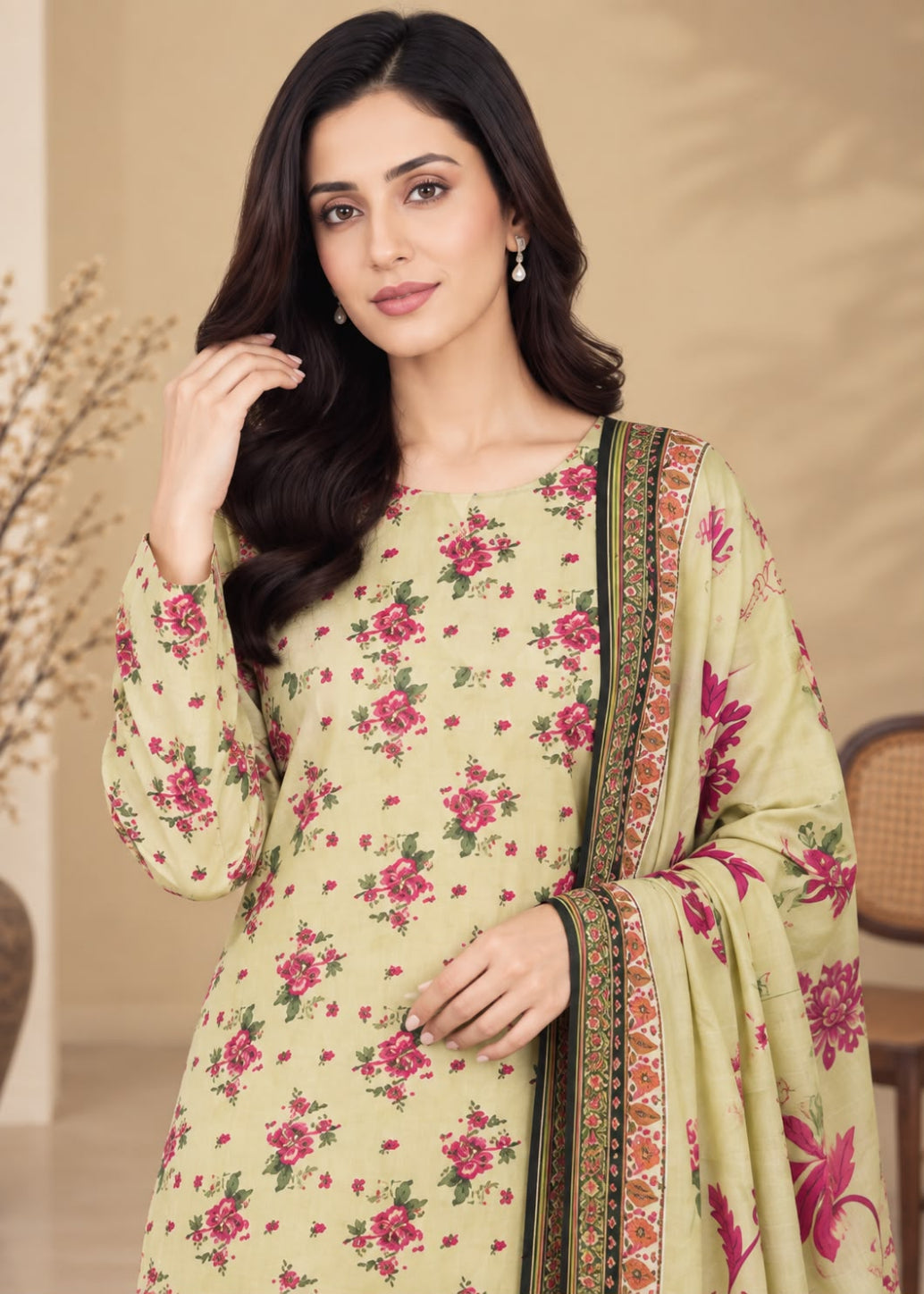 A woman modeling a light beige floral salwar kameez suit with a matching dupatta. The suit features a pink and green floral pattern, and the dupatta has a decorative border in brown, gold, and green.