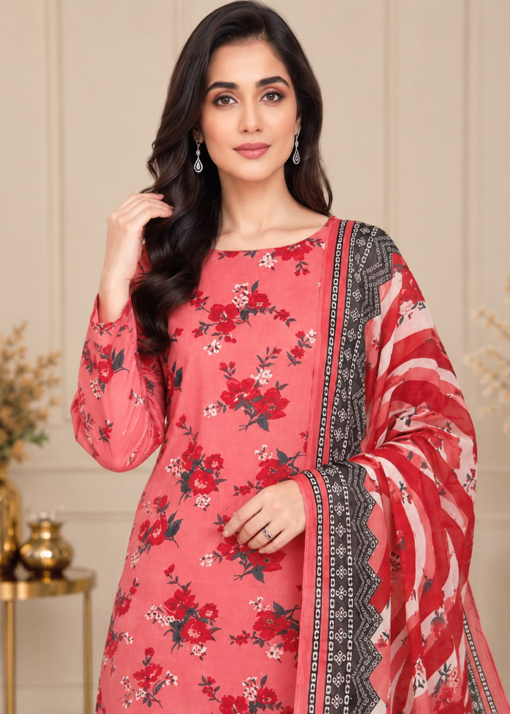 A woman modeling a three-piece salwar kameez suit set in a warm beige indoor setting. The set features a coral pink cotton kameez kurta with a red and green floral print, paired with a matching sheer dupatta that has a red and white striped pattern and a black geometric border.
