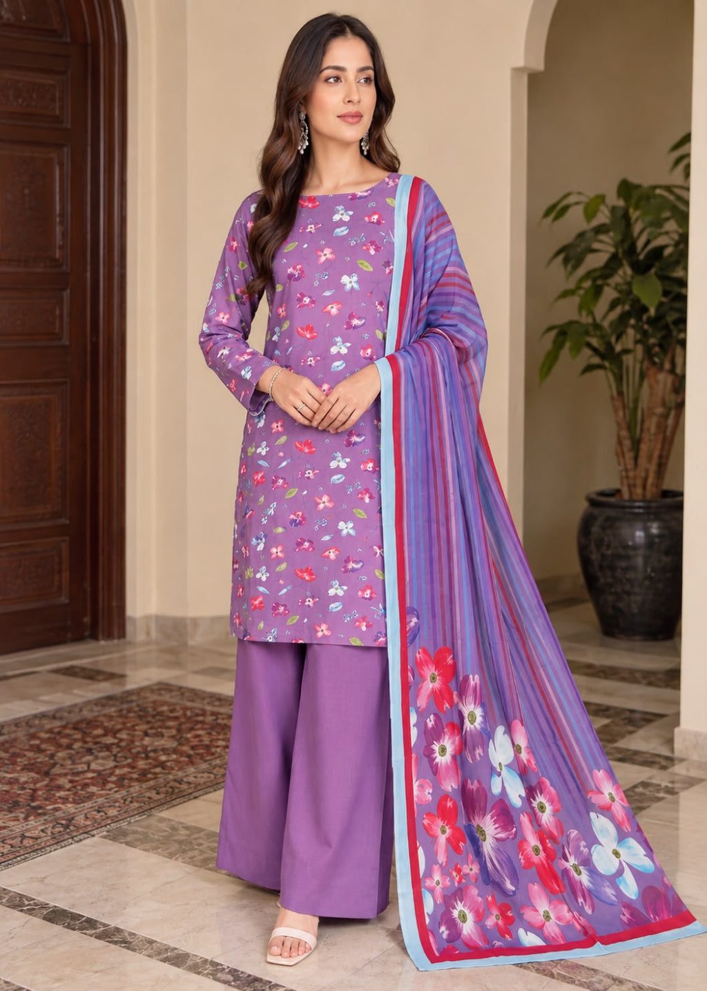 A woman models a purple three-piece salwar kameez suit with floral prints and a matching striped dupatta draped over her shoulder in an indoor setting.