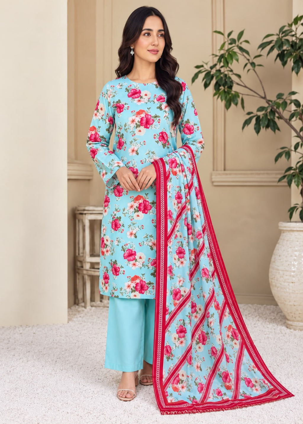 A woman models a light blue floral salwar kameez suit with matching light blue pants and a long dupatta featuring a red border and floral print, set against an indoor neutral background.