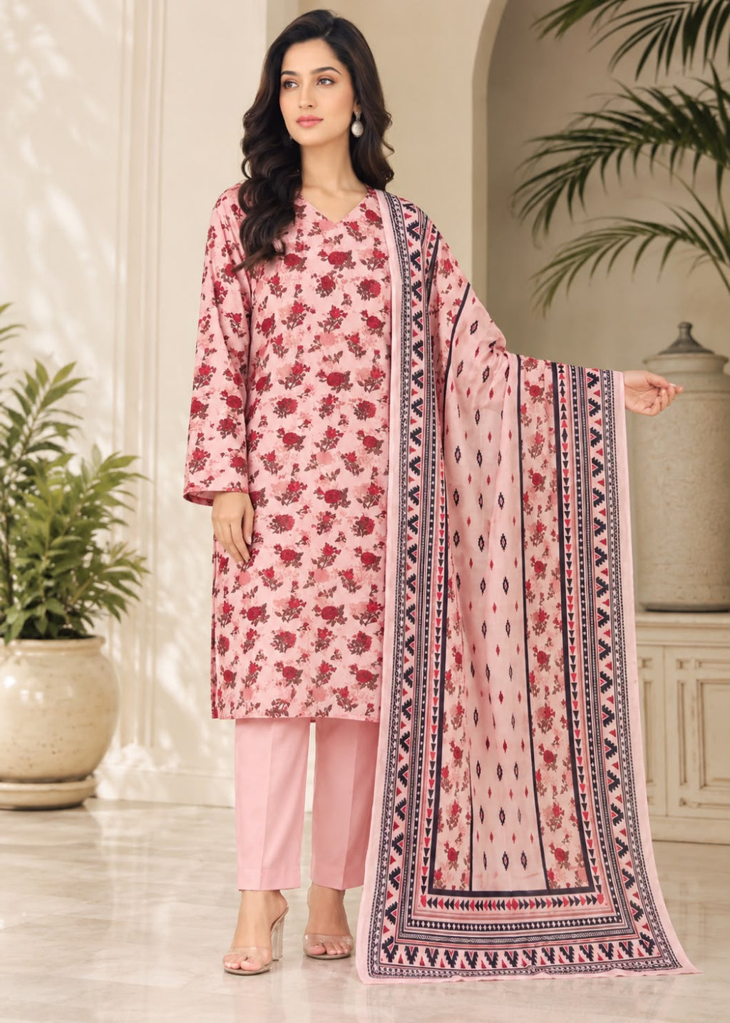 A woman models a three-piece pink ethnic suit set featuring a floral printed kurta, solid pink trousers, and a matching printed dupatta with a geometric border, set against an elegant indoor background with potted plants.