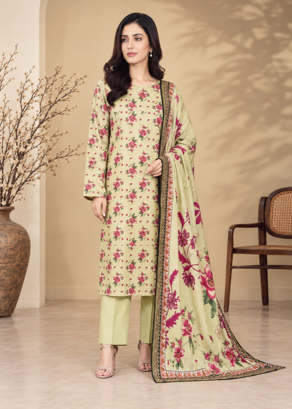 A woman models a three-piece Indian salwar kameez suit set. The set features a light sage green kurta and trousers with a vibrant magenta and green floral print, paired with a matching printed dupatta.