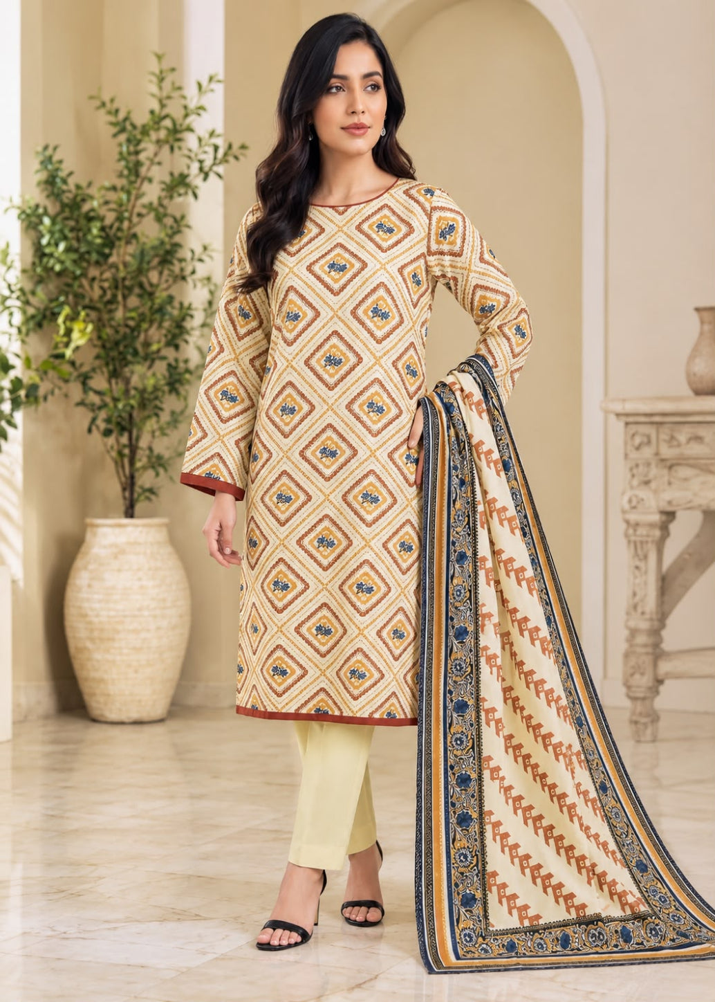 A woman models a traditional Indian salwar kameez suit set featuring a beige kurta with a geometric diamond pattern in brown, blue, and gold, paired with light yellow trousers and a matching patterned dupatta with a blue border, set against an elegant beige interior background.