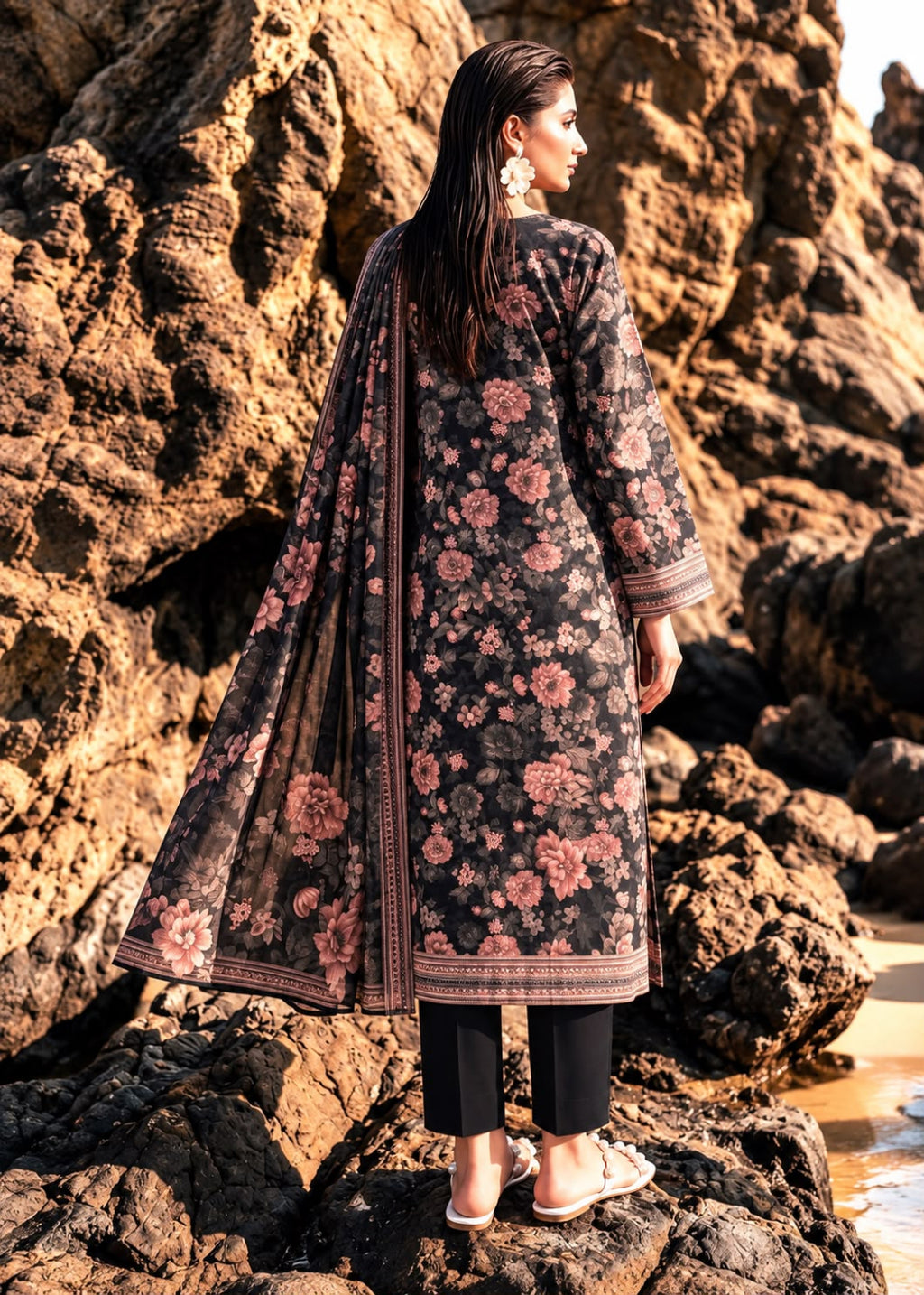 A woman stands on dark rocks outdoors, photographed from the back, wearing a long black floral kurta with a matching sheer dupatta and black pants.