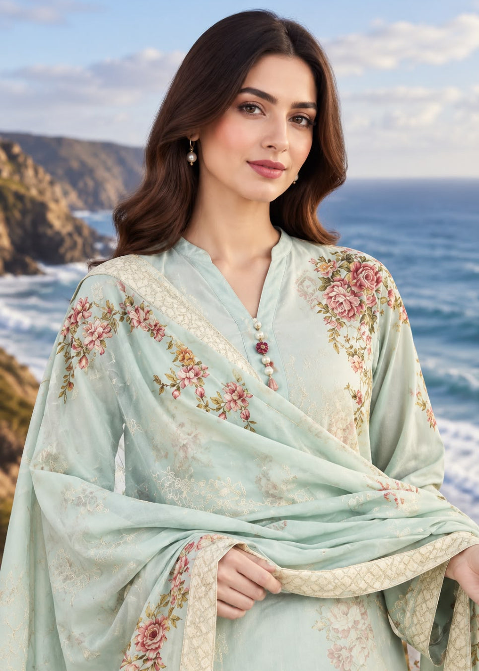 A woman wearing a light mint green embroidered traditional outfit with a matching dupatta, standing outdoors near the ocean with cliffs in the background.