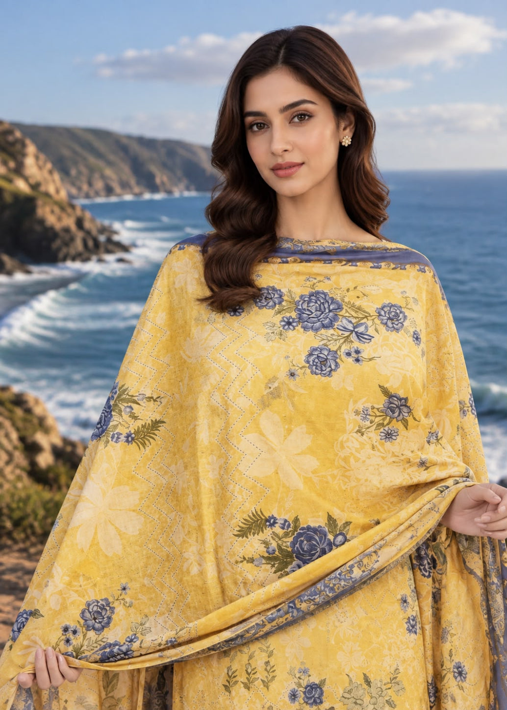 A woman wearing a yellow printed traditional outfit with blue floral motifs and a matching dupatta, standing outdoors with a coastal ocean and rocky cliffs in the background.
