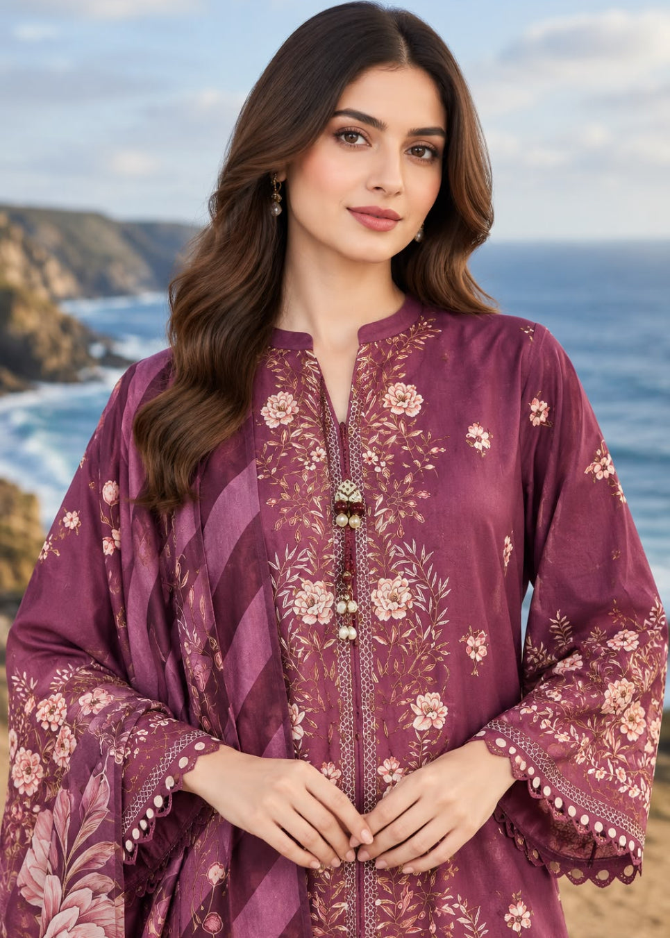A woman wearing a purple floral embroidered tunic with matching sheer sleeves, standing outdoors with a coastal background of ocean and cliffs.