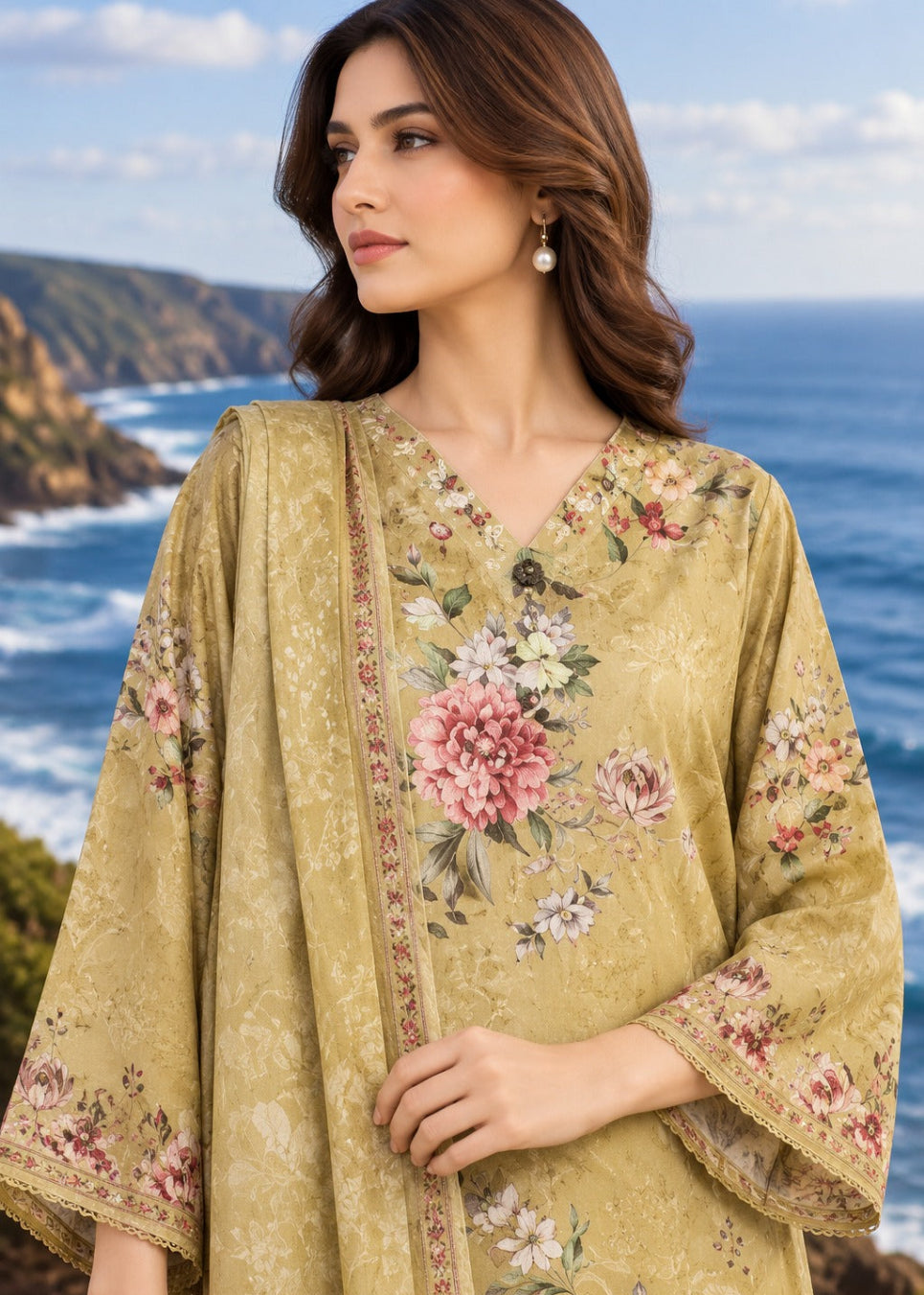 A woman wearing a beige floral embroidered kurta with a matching dupatta, posed outdoors with a scenic ocean and rocky coastline background.