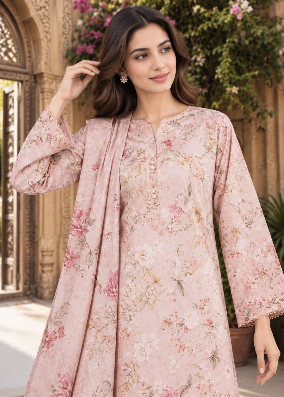 A woman models a light pink floral printed three-piece suit set, featuring a long kurta, matching trousers, and a dupatta, set against an ornate outdoor architectural background.