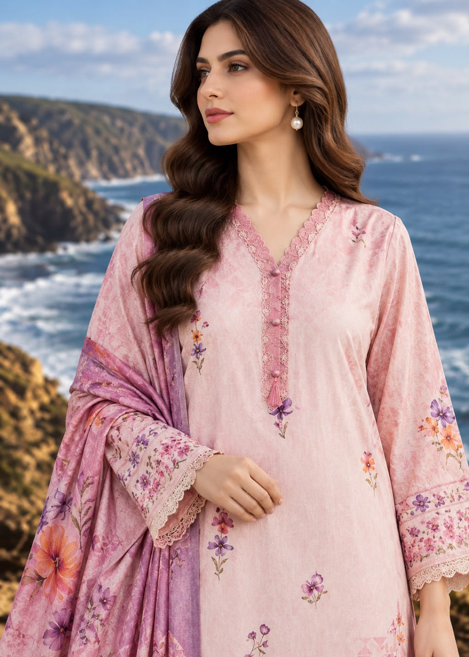 A woman wearing a light pink embroidered traditional kurta set with a matching dupatta, standing outdoors by the ocean with rocky cliffs in the background.