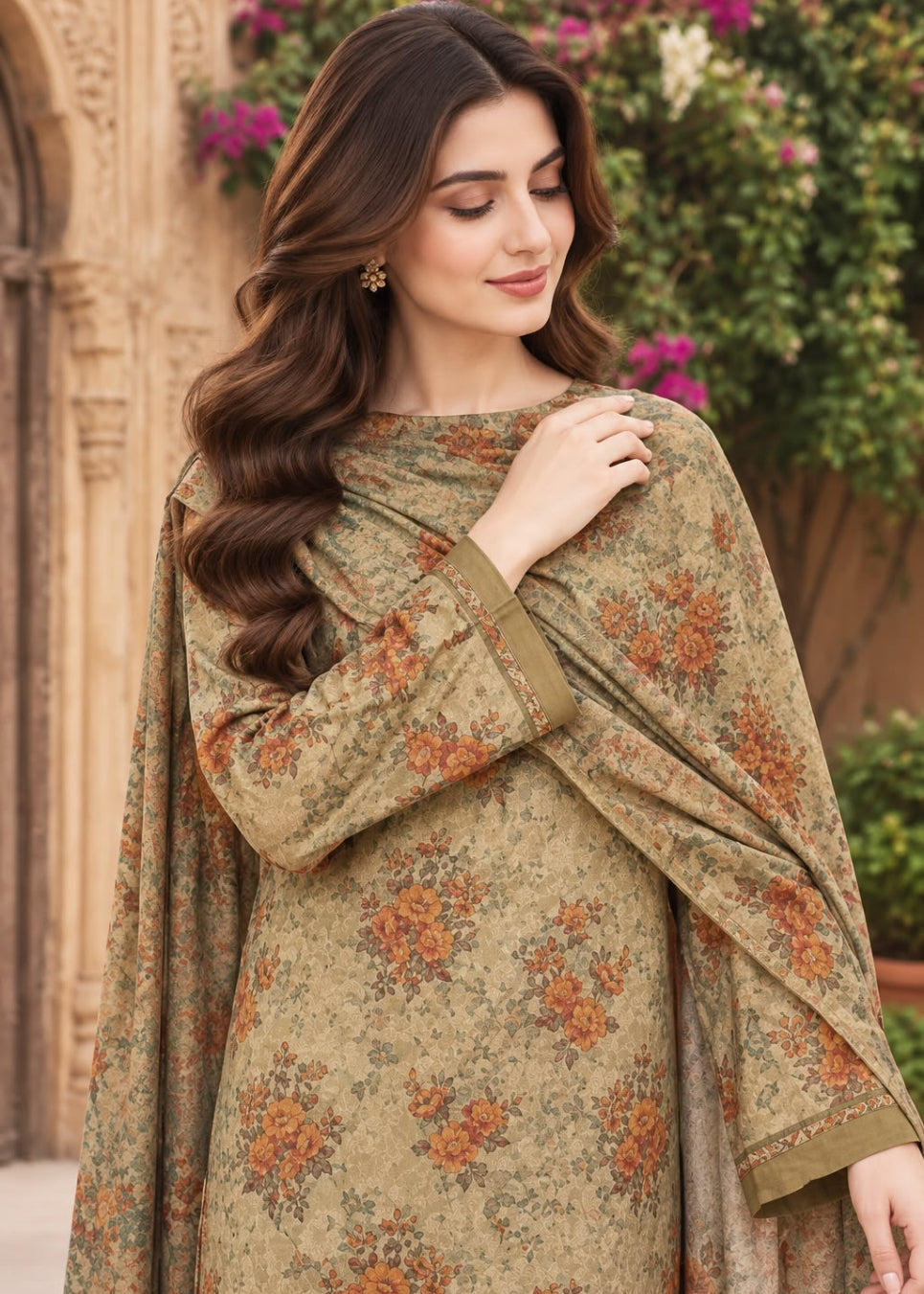 A woman wearing a beige and brown floral printed traditional outfit with a matching draped shawl, posed outdoors in front of a stone archway and greenery.