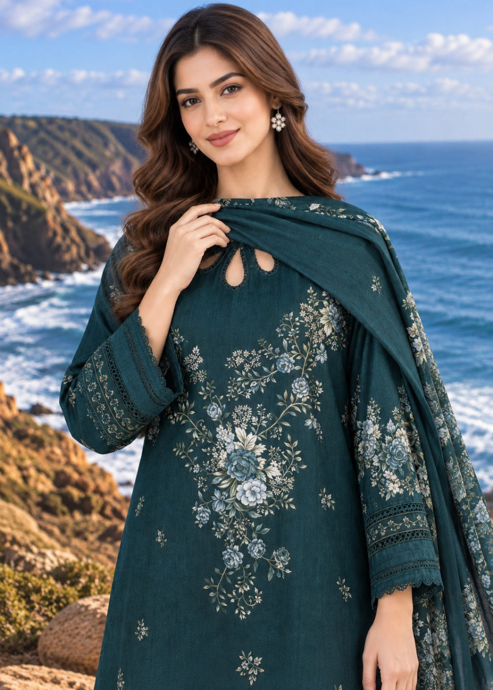 A woman wearing a dark teal embroidered kurta set with a matching dupatta, standing on a rocky cliffside with the ocean and sky in the background.