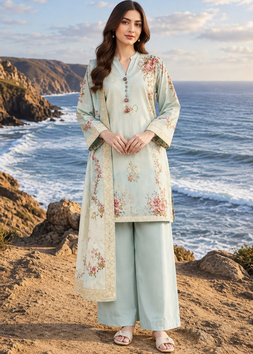 A woman stands on a rocky coastal cliff wearing a light mint green traditional outfit with floral embroidery and wide-leg pants, with the ocean and hills in the background.