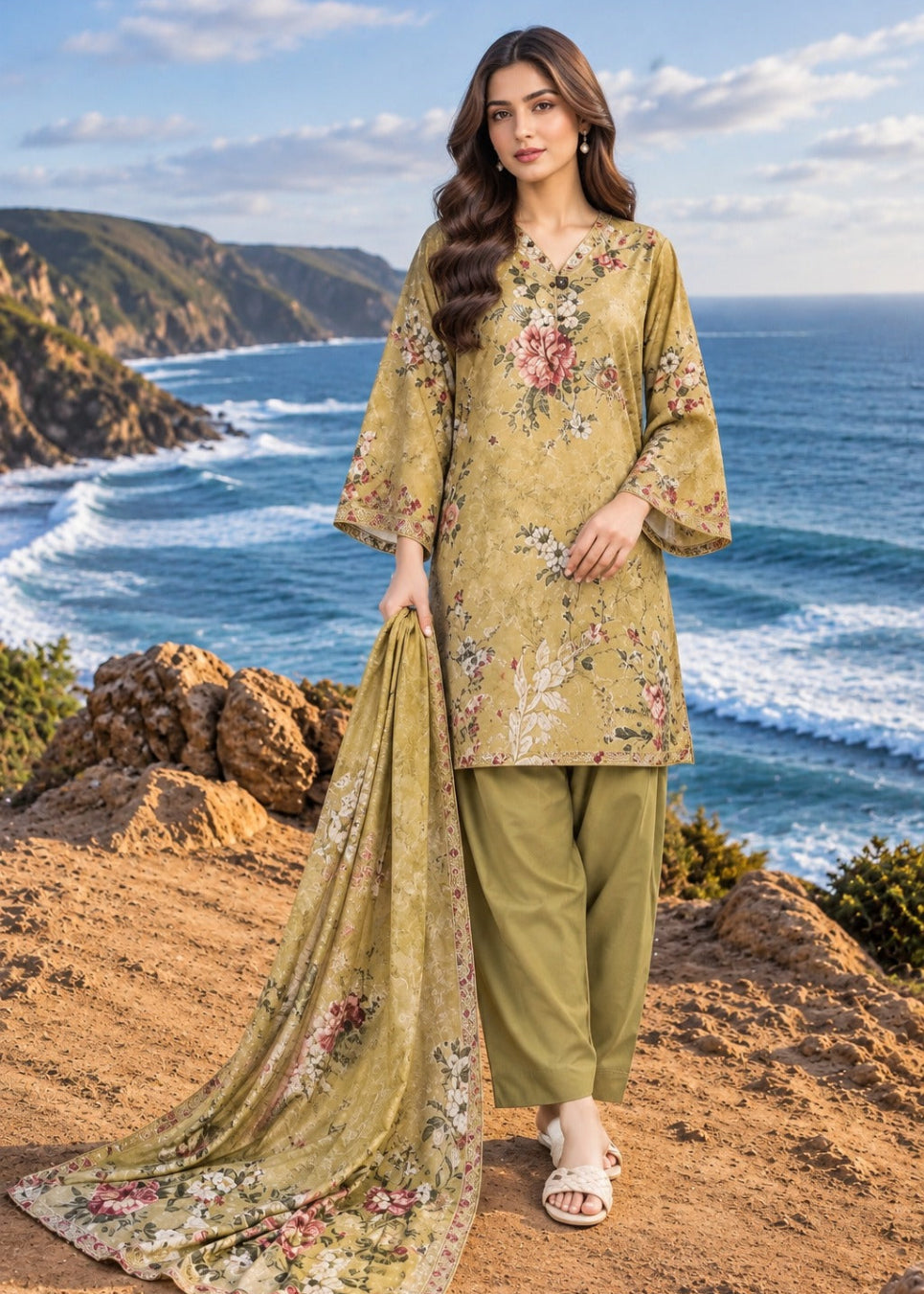 A woman stands on a rocky coastal cliff wearing a three-piece traditional outfit with a floral print. The set includes a mustard yellow kurta with pink and green floral embroidery, olive green pants, and a matching dupatta.