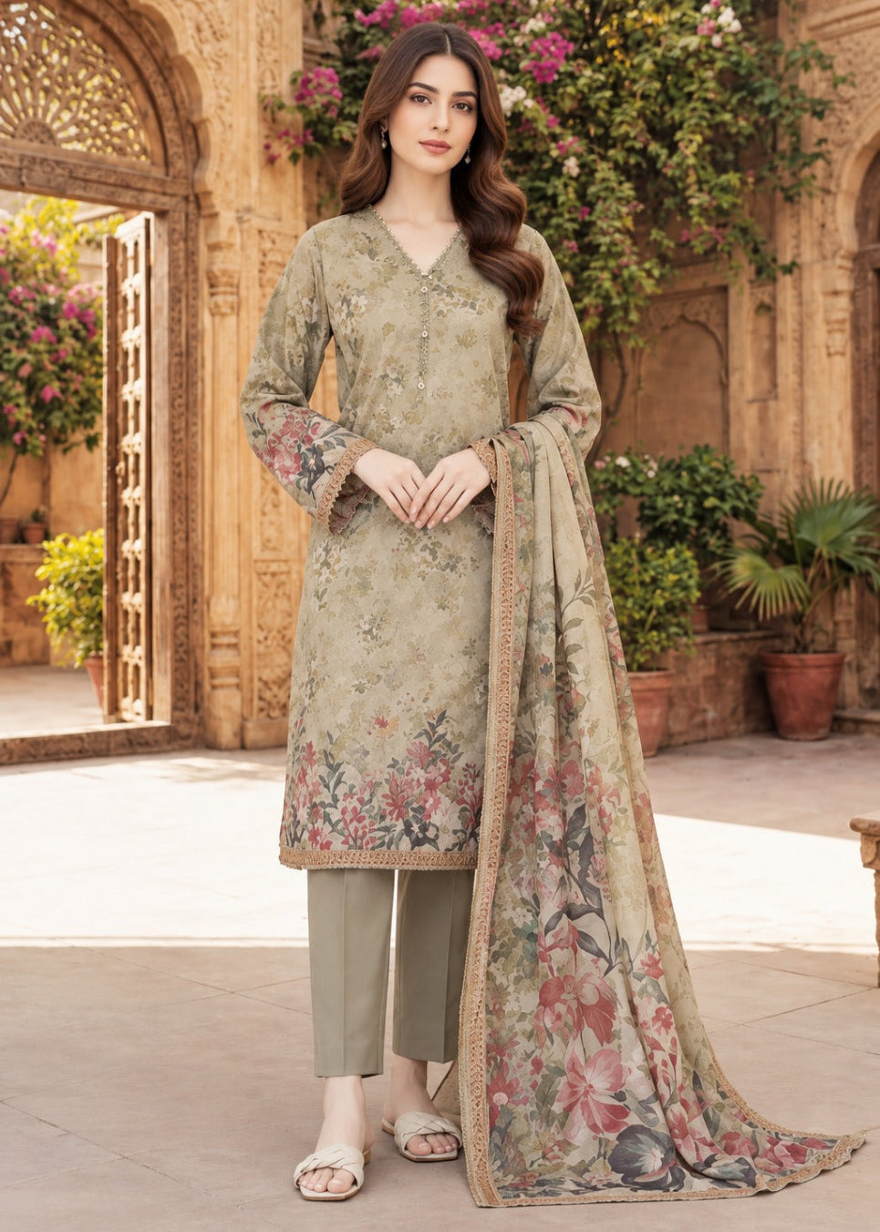A woman models a traditional three-piece salwar kameez suit in a warm beige/olive tone with floral embroidery and prints, paired with matching trousers and a long printed dupatta, set against an ornate courtyard background.