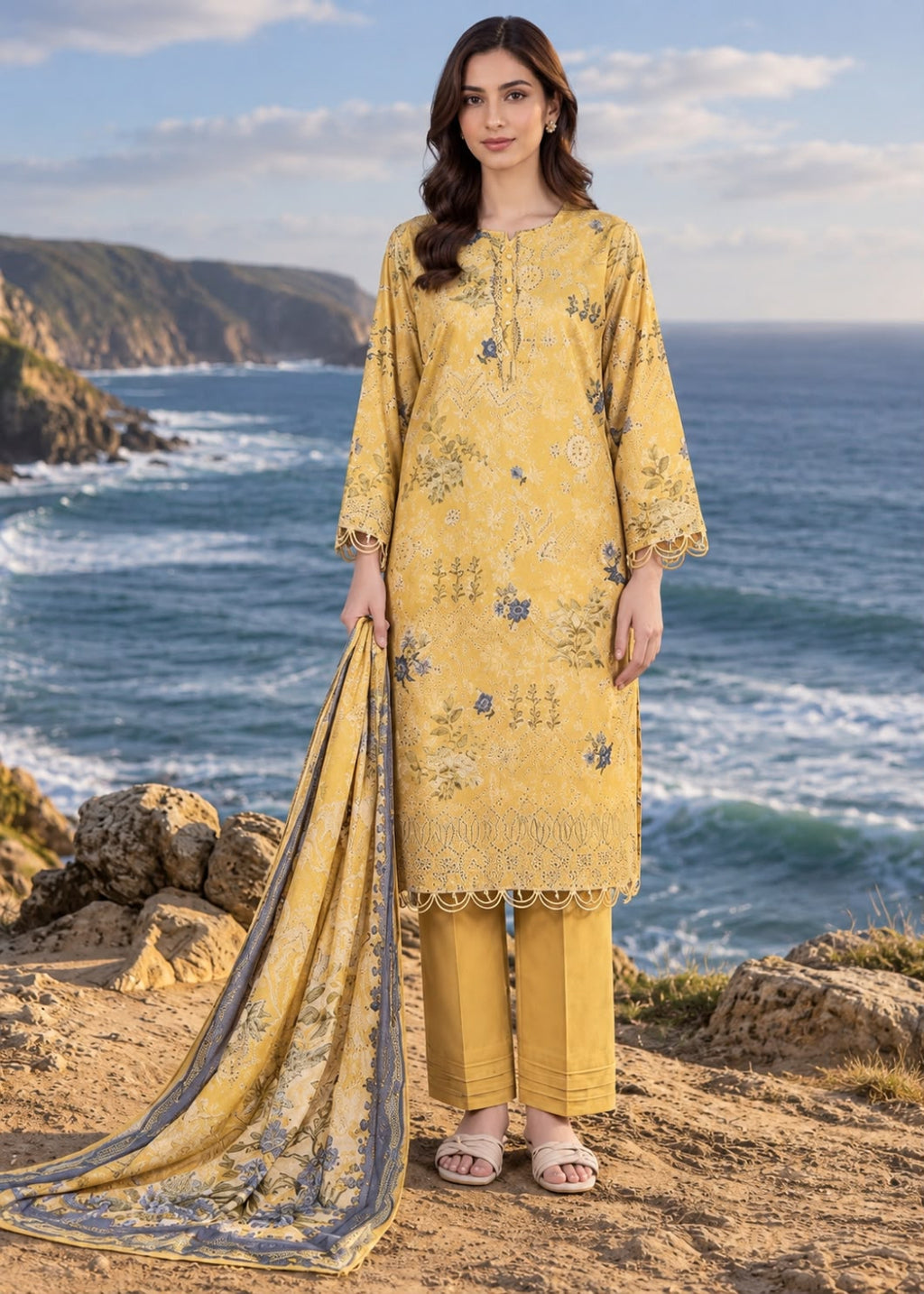 A woman stands outdoors on a rocky cliff overlooking the ocean, wearing a yellow embroidered traditional outfit with matching pants and a draped dupatta.
