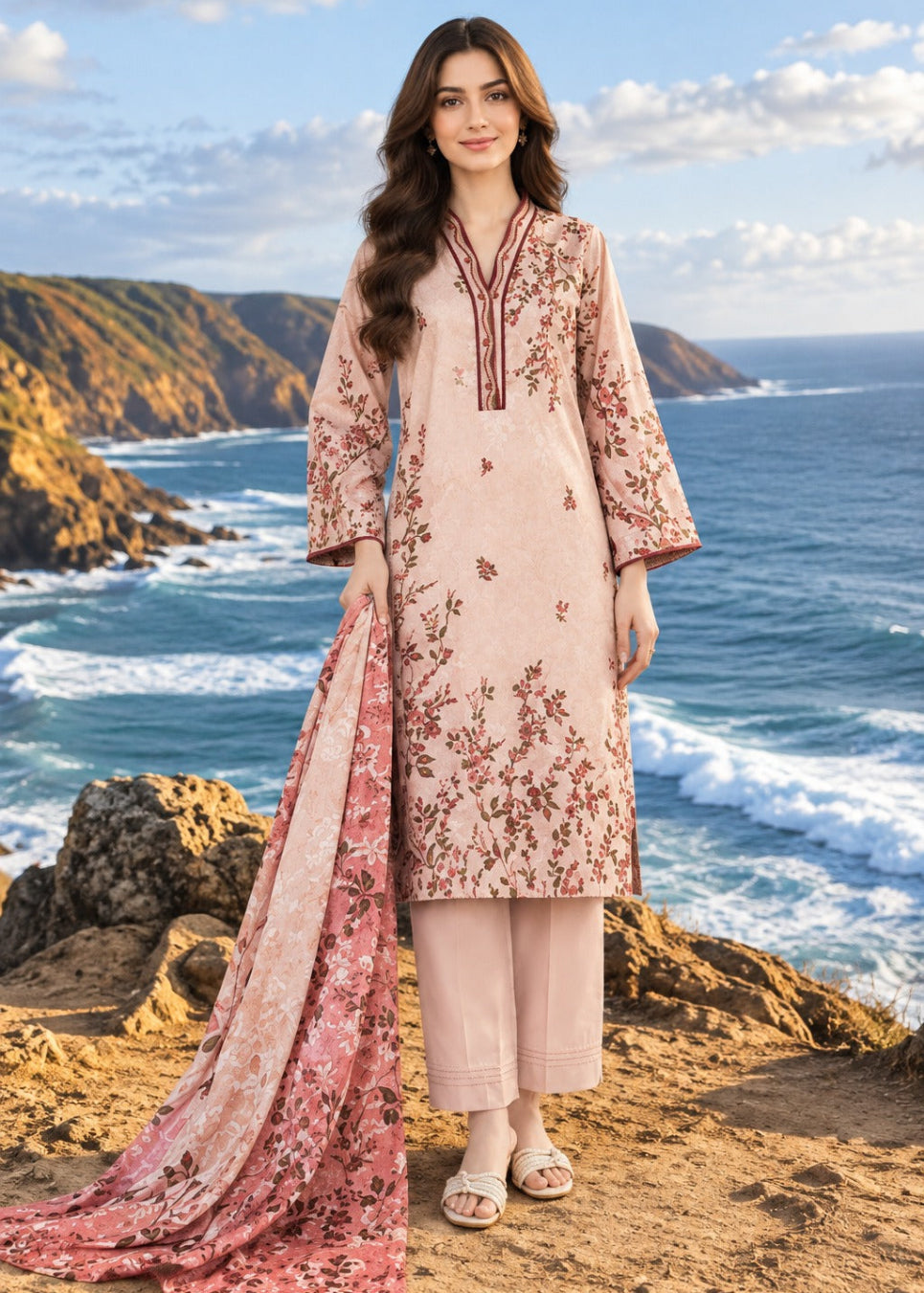 A woman stands on a rocky coastal cliff wearing a light pink traditional outfit with brown floral embroidery, matching pants, and a long embroidered dupatta, with the ocean and hills behind her.
