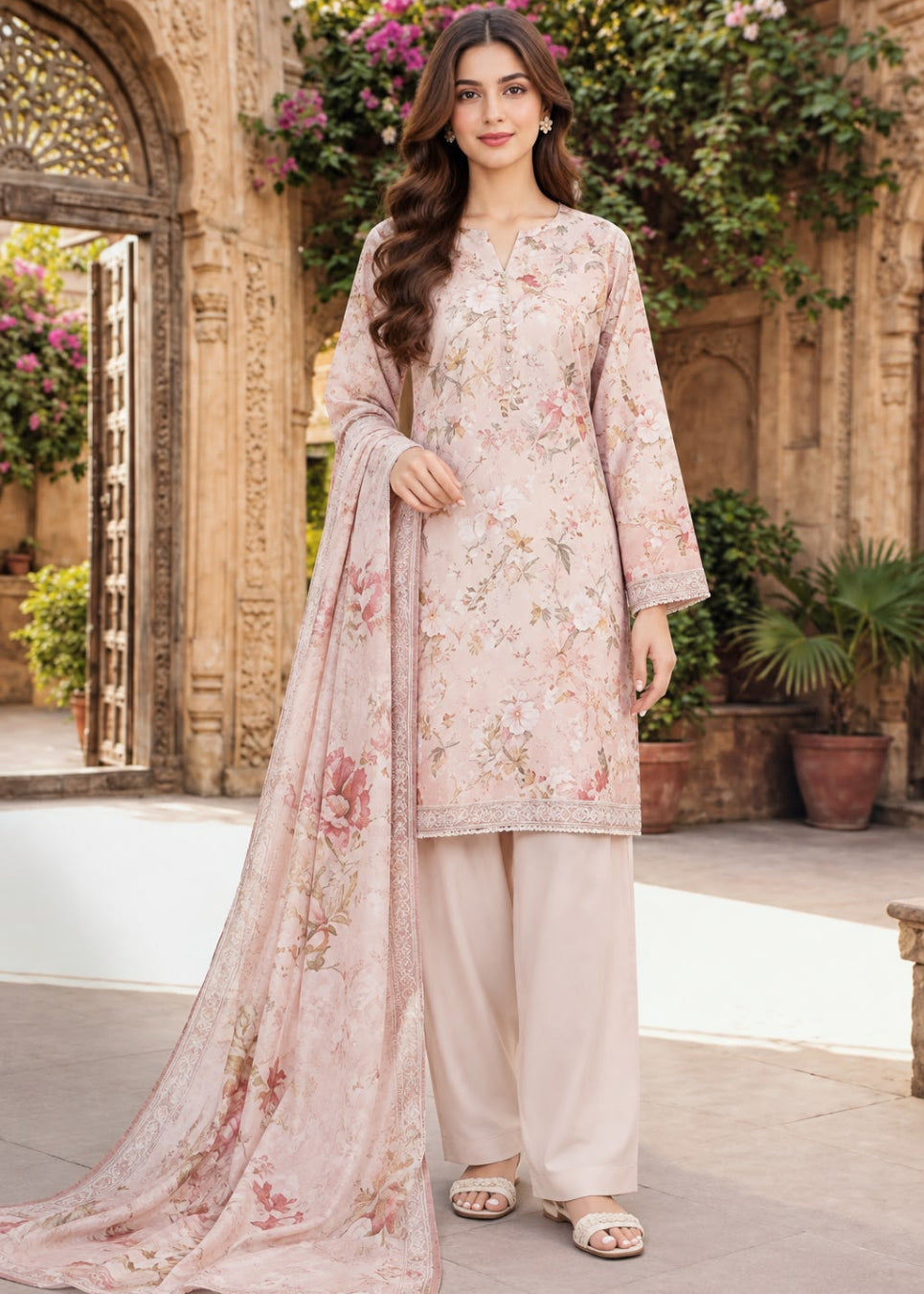 A woman models a traditional three-piece salwar kameez suit in a dusty pink color with floral embroidery, featuring a long-sleeve tunic, wide-leg trousers, and a matching dupatta, set against an ornate stone courtyard background.