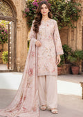 A woman models a traditional three-piece salwar kameez suit in a dusty pink color with floral embroidery, featuring a long-sleeve tunic, wide-leg trousers, and a matching dupatta, set against an ornate stone courtyard background.