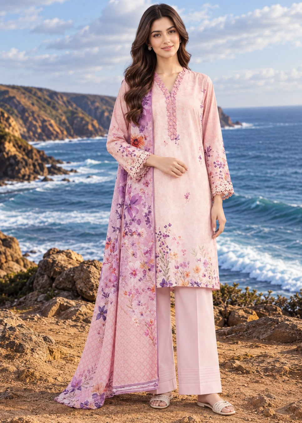 A woman stands outdoors on a rocky coastal cliff wearing a light pink traditional outfit with floral embroidery and a matching long scarf. The background shows the blue ocean, shoreline, and sky.