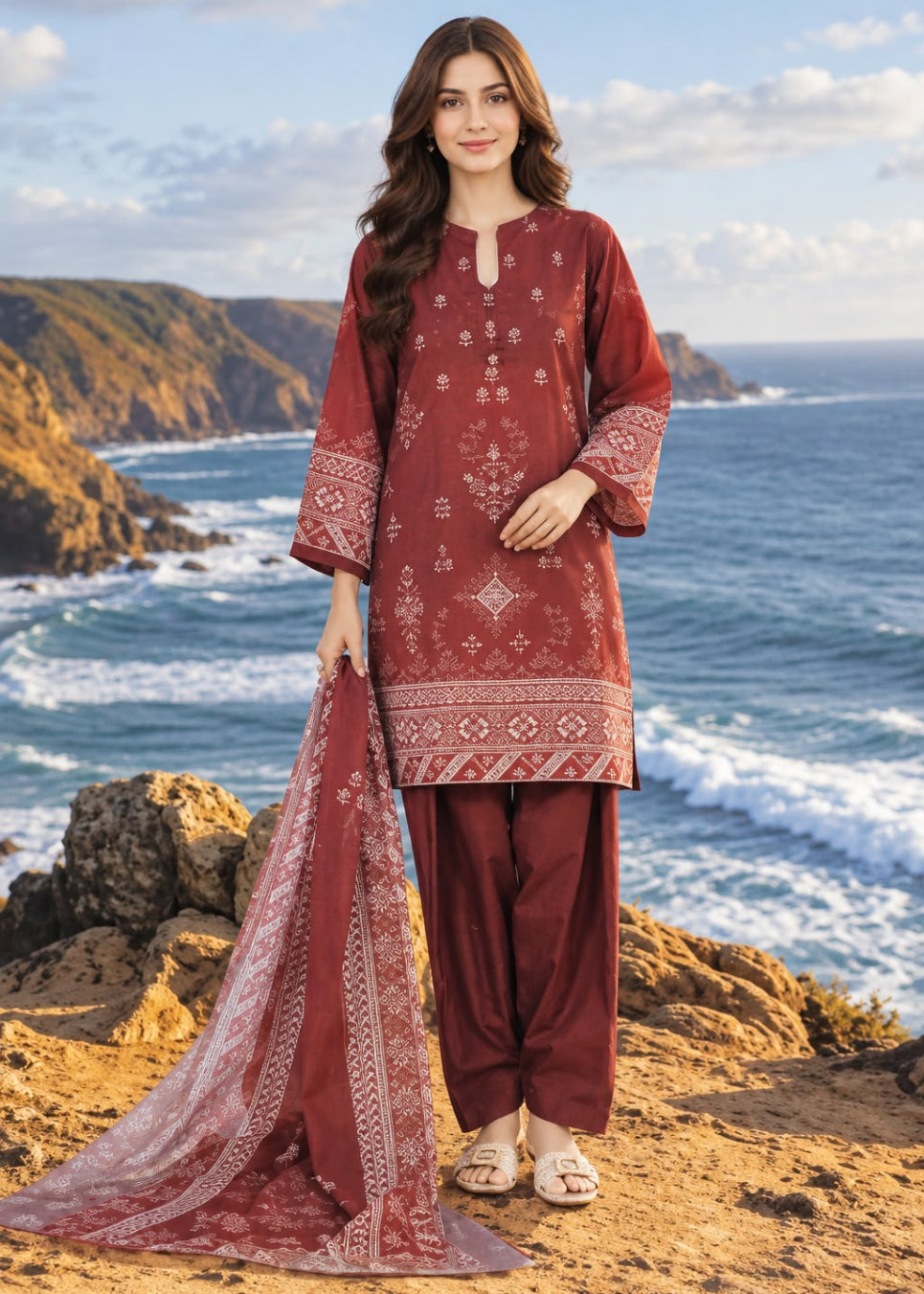A woman stands on a rocky coastal cliff wearing a maroon three-piece traditional outfit with white embroidery, consisting of a long kurta, wide-leg pants, and a matching dupatta, with the ocean and cliffs in the background.