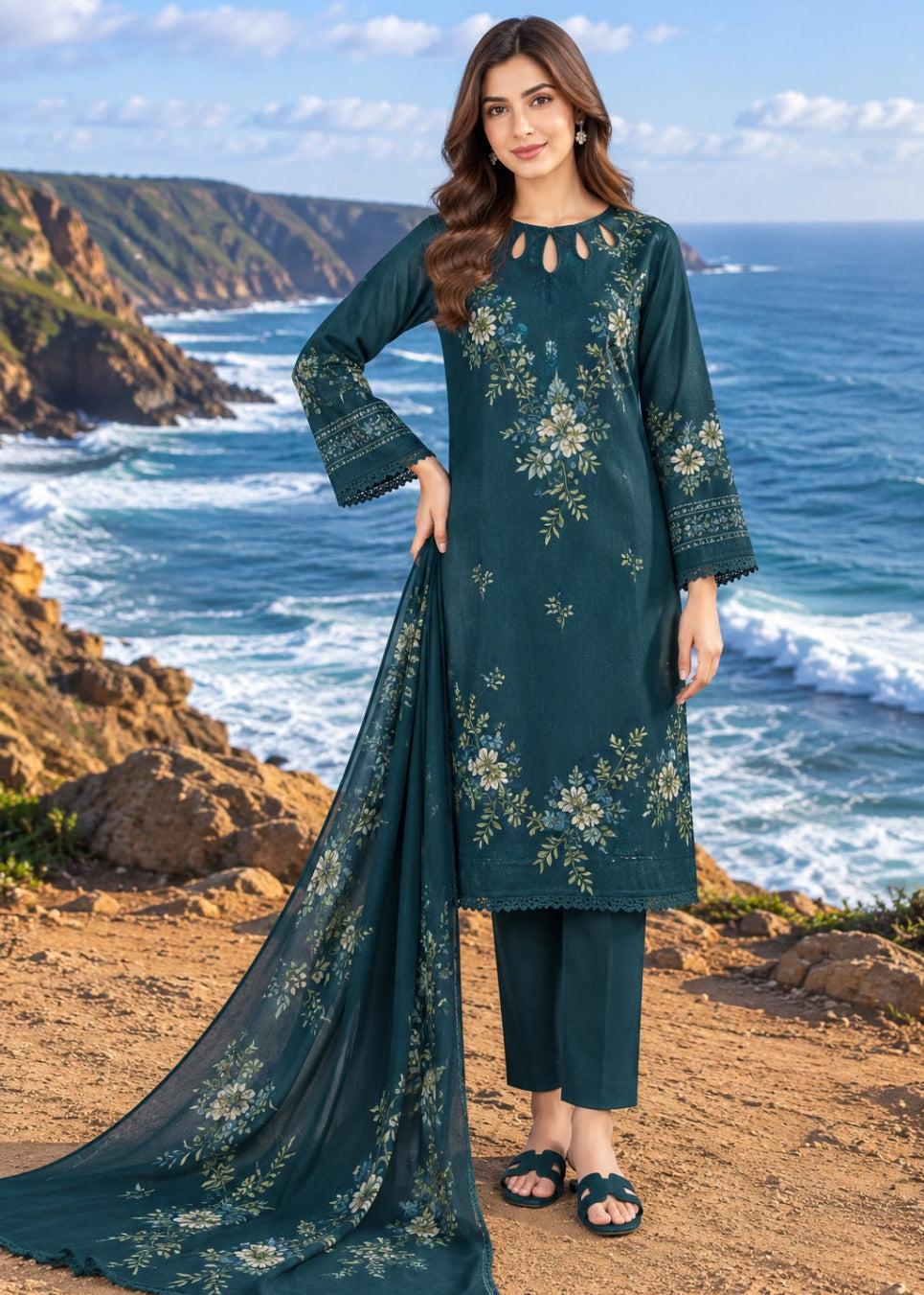 A woman stands on a rocky coastal cliff wearing a dark teal embroidered kurta set with matching pants and dupatta. The outfit features light floral embroidery and keyhole neckline details, with a dramatic ocean and coastline background.