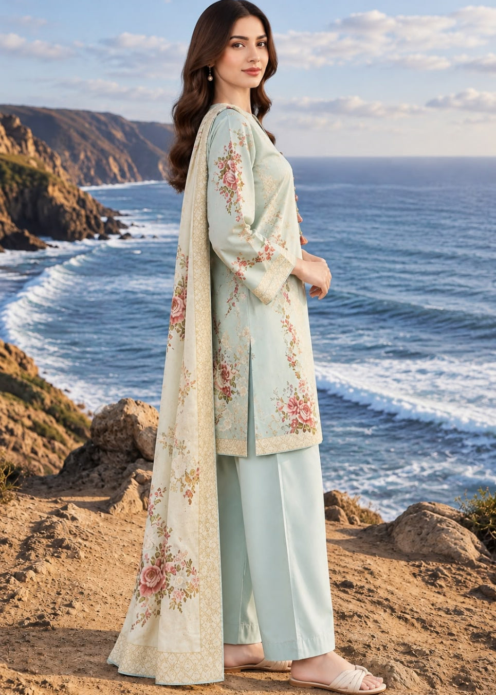 A woman stands on a rocky cliffside overlooking the ocean, wearing a light mint green traditional outfit with floral embroidery and a matching long dupatta.