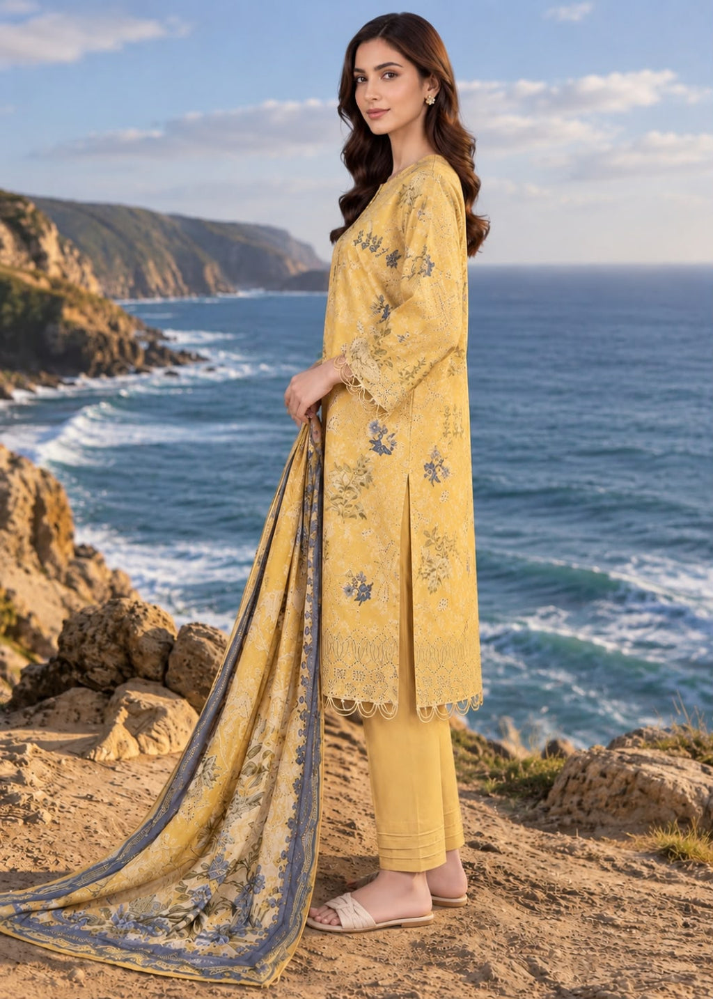 A woman stands on a rocky coastal cliff wearing a yellow embroidered traditional outfit with matching pants and a draped dupatta, with the ocean and coastline in the background.