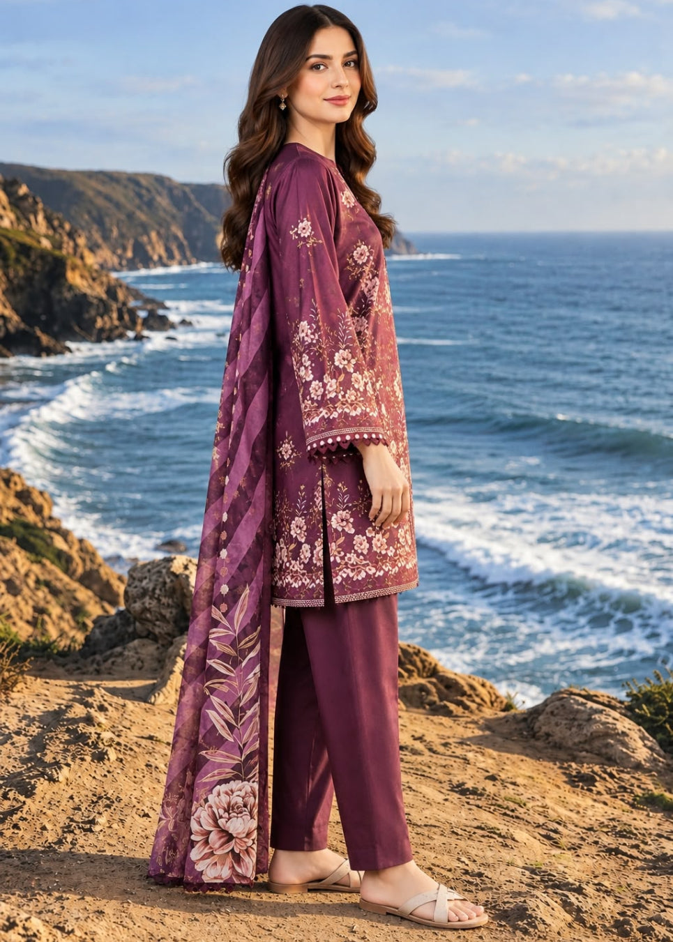 A woman stands on a rocky cliff overlooking the ocean, wearing a three-piece traditional outfit in a deep plum purple color with intricate floral embroidery on the kurta and dupatta.