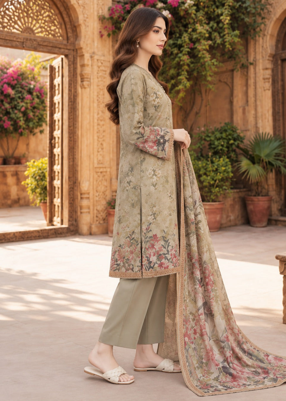 A woman models a traditional three-piece salwar kameez suit set in an outdoor courtyard. The set features a beige printed kameez jacket with floral patterns, olive green wide-leg pants, and a matching beige printed dupatta with a gold border.