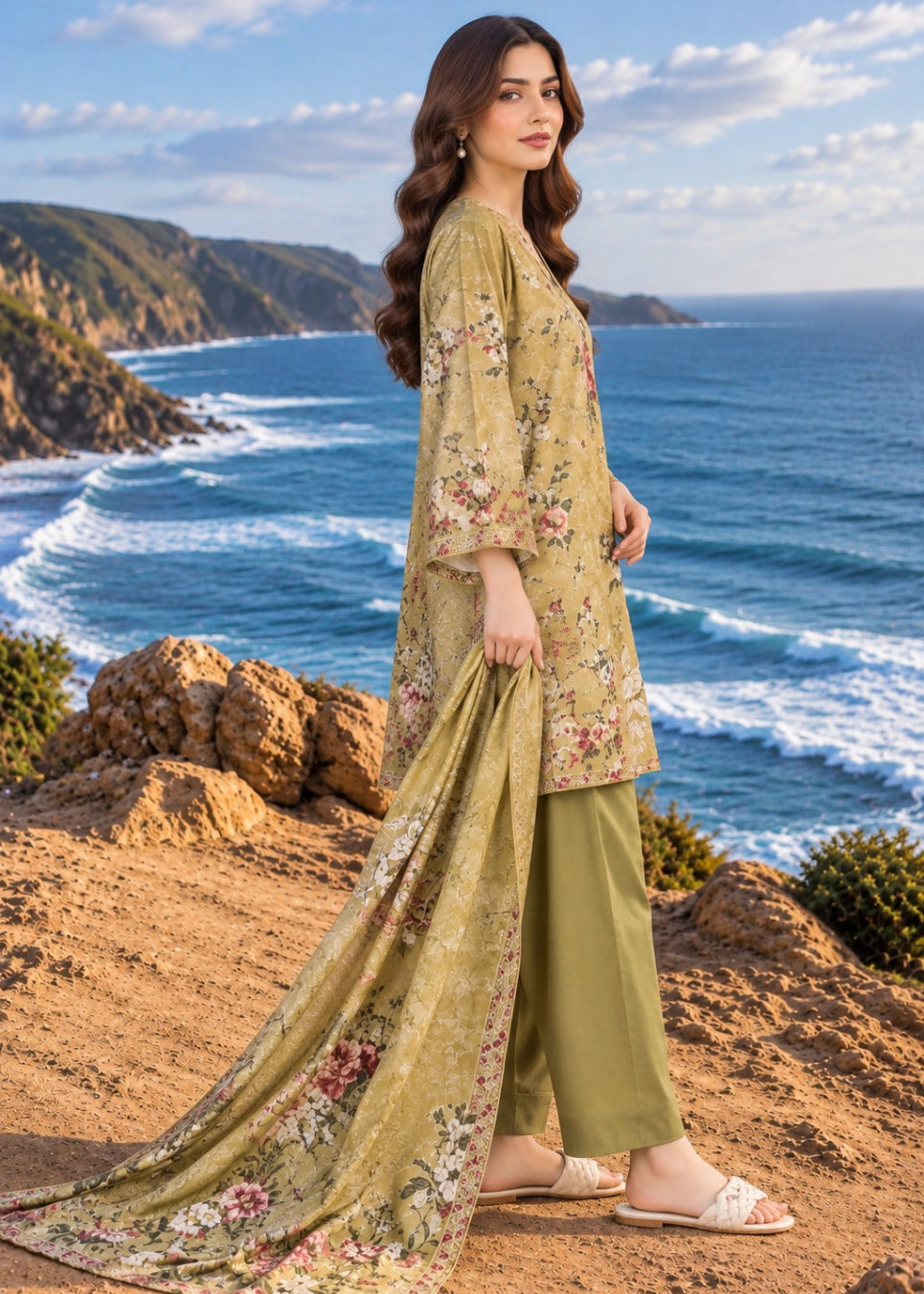 A woman stands on a rocky coastal cliff wearing a three-piece olive green and gold floral printed traditional outfit with wide sleeves, matching pants, and a long draped dupatta, with the ocean and mountains in the background.