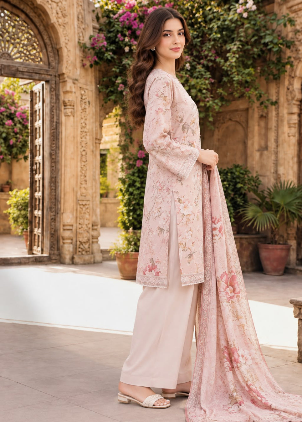 A woman models a light pink traditional three-piece salwar kameez suit with floral embroidery, standing in an ornate courtyard with stone arches and greenery.