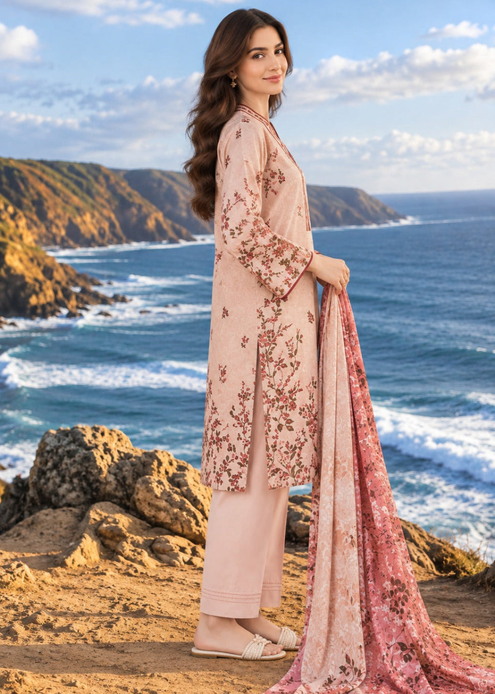 A woman stands on a rocky coastal cliff wearing a light pink traditional outfit with floral embroidery and holding a matching pink dupatta, with the ocean and mountains in the background.
