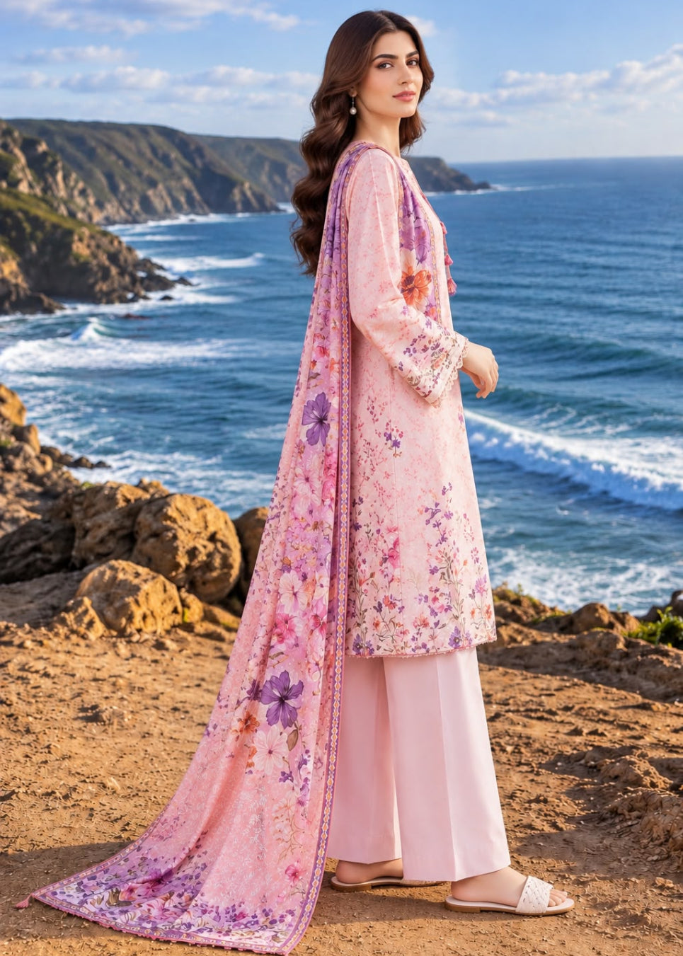 A woman stands on a rocky coastal cliff wearing a light pink traditional outfit with floral embroidery and a matching dupatta, with the ocean and mountains in the background.