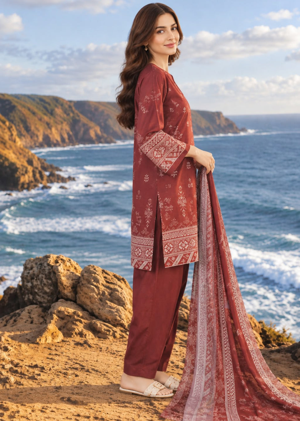 A woman stands on a rocky coastal cliff wearing a rust-red traditional outfit with white printed patterns and holding a matching dupatta, with the ocean and coastline in the background.