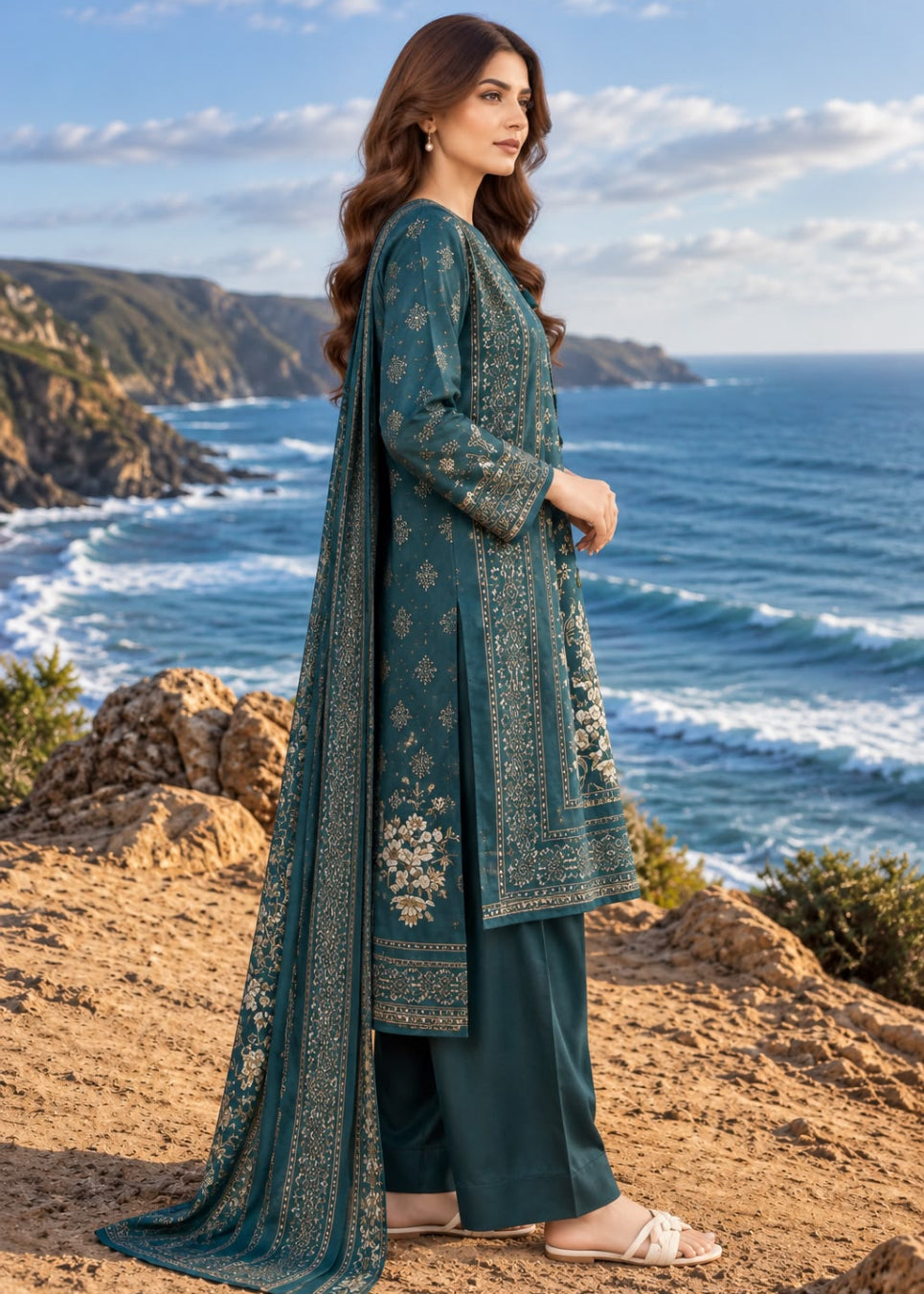 A woman stands outdoors on a rocky cliffside overlooking the ocean, wearing a long teal embroidered kurta with matching pants and dupatta.